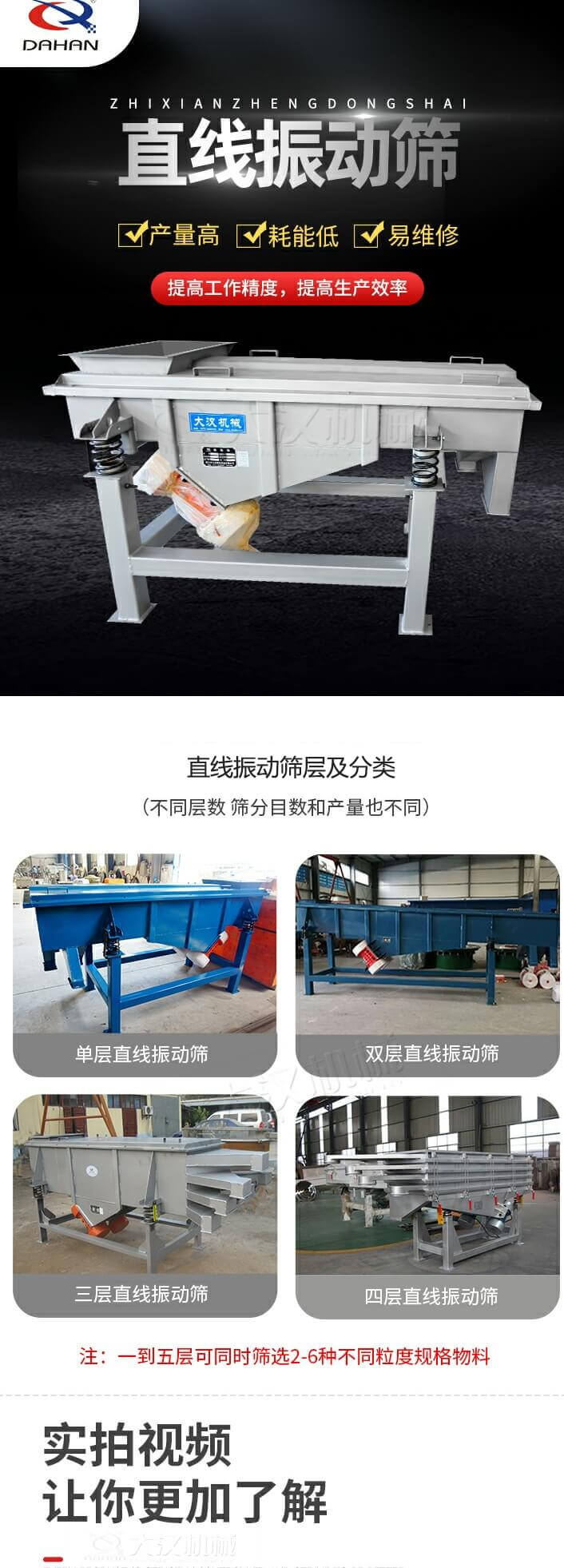 直線振動篩概述,產量高,耗能低,易維修,提高工作精度,提高生產效率,直線振動篩層級分類:不同層數,篩分目數和產量也不同:單層,雙層,三層,四層等。