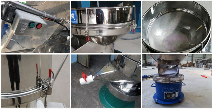 過濾篩細節(jié)展示:控制開關,篩框,出料口閥門,底座等